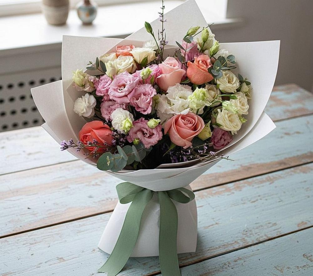 Букет цветов из: Розы, Лизиантусы и Гвоздики в Магнитогорске