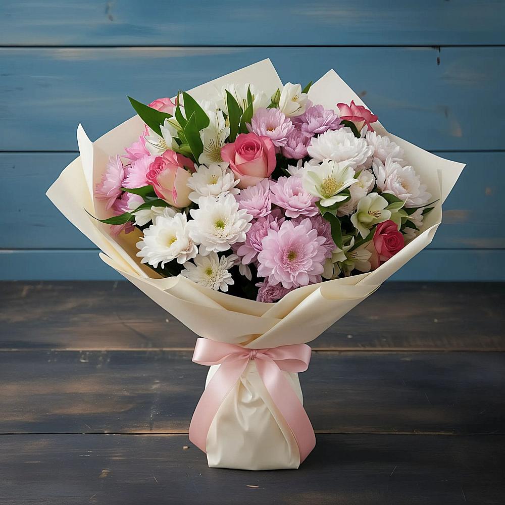 Букет цветов из: Хризантемы, Альстромерии и Розы в Магнитогорске